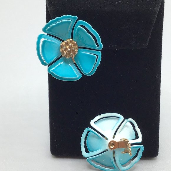 Teal Blue Enamel Flowers Earrings Clip On Flower Power 70s Fun Colorful Jewelry - Picture 6 of 9